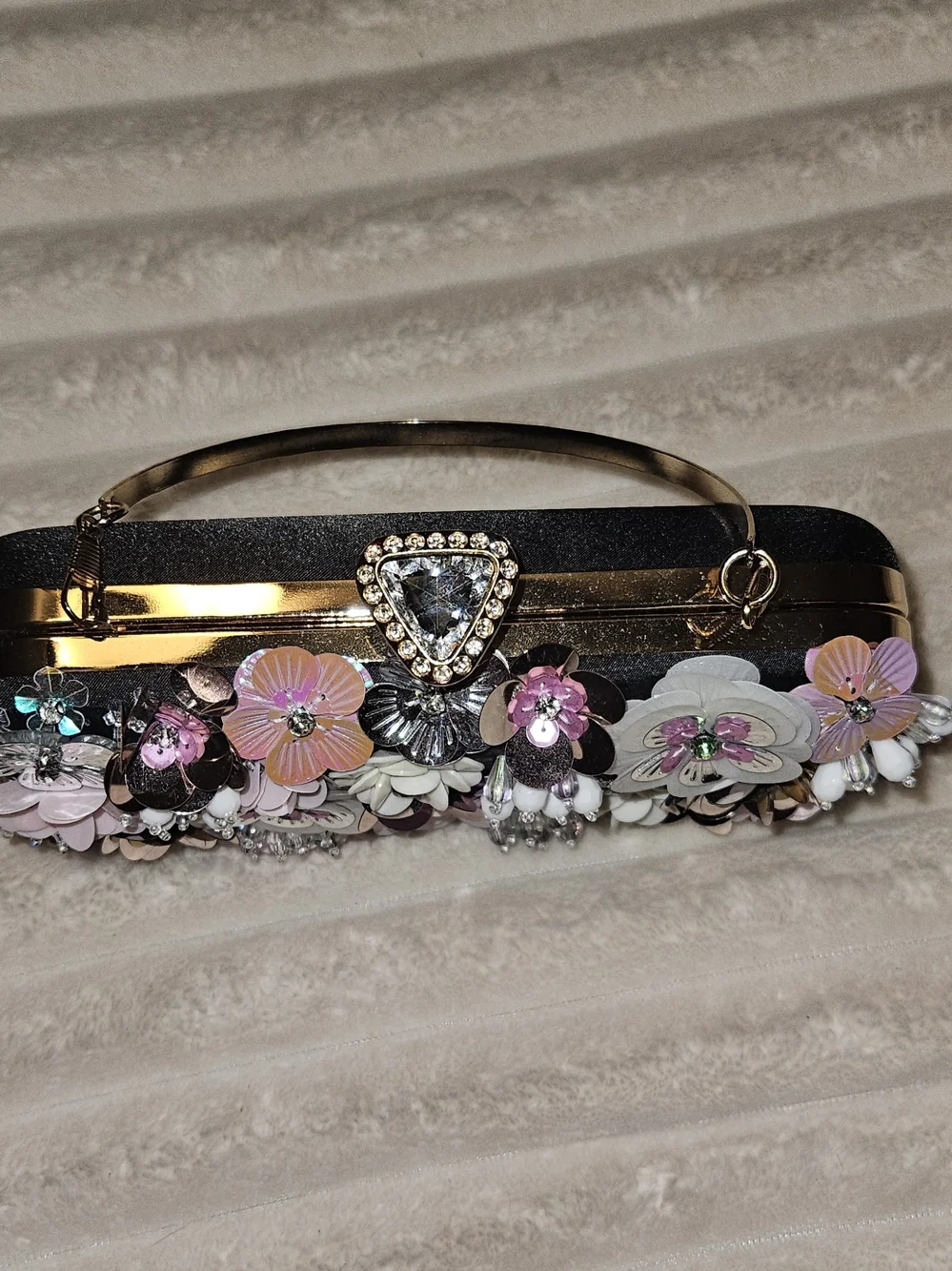 Floral Embellished Black Handbag with Pink & Gold Accents - Picture 2 of 4